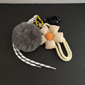 Plush Gray Pom & Cream Flower Bag Charm/Keychain with Orange Center
